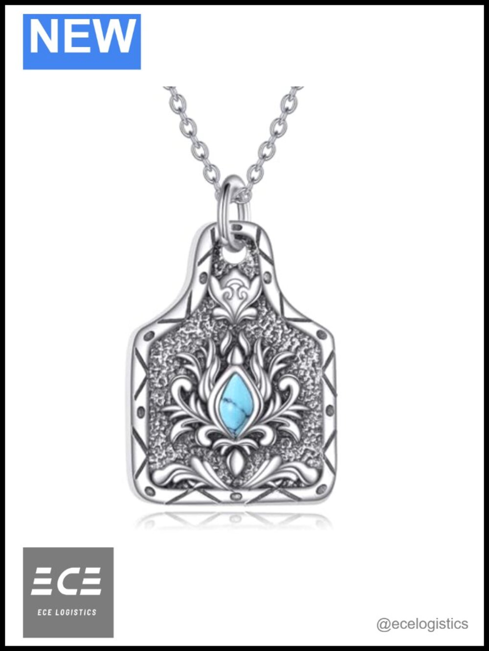 Sterling Silver Cow Tag Necklace Turquoise Western Pendant Adjustable Chain